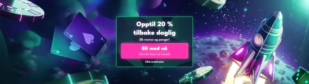 Space-tema med spillekort, terninger og rakett. 20% cashback daglig med teksten "Bli med nå" og "Øk moro og penger!" i en kosmisk bakgrunn.