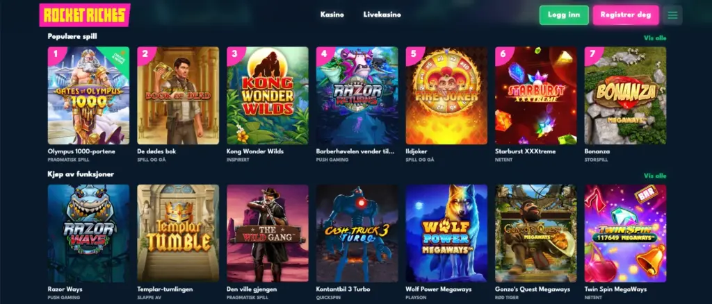 "Liste over populære spill på Rocket Riches, inkludert titler som 'Olympus 1000-portene', 'De dødes bok', 'Kong Wonder Wilds', 'Razor Ways', og 'Wolf Power Megaways'.
