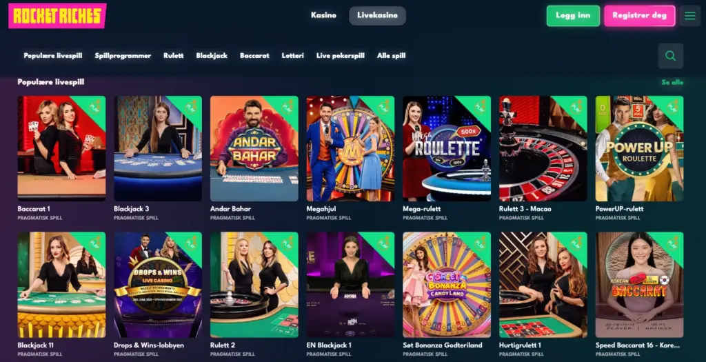 "Liste over populære livespill på Rocket Riches, inkludert titler som 'Baccarat 1', 'Blackjack 3', 'Andar Bahar', 'Megahjul', 'Mega-rulet', 'PowerUP-rulet', og 'Korean Baccarat'.