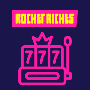 Rocket Riches spilltrinn illustrert med en lysende rosa spilleautomat som viser tre 7-symboler og en krone.