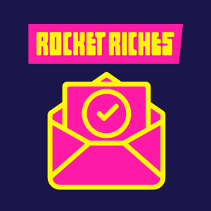 Rocket Riches e-postbekreftelsestrinn med et konvoluttikon og et hakekors som indikerer vellykket registrering eller verifisering.