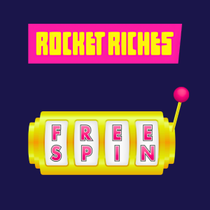 Rocket Riches gratis spinn aktiveringssteg som viser en fargerik spilleautomat med ordene 'FREE SPIN' vist.