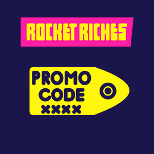Rocket Riches trinn med et gult kampanjekode-merke merket PROMO CODE XXXX,' som viser hvor du kan skrive inn en kampanjekode.