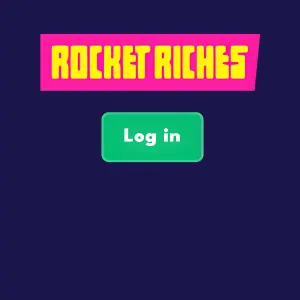 Rocket Riches Casino-ikon med en grønn «Logg inn»-knapp, som symboliserer innlogging eller registrering for å starte spillingen.