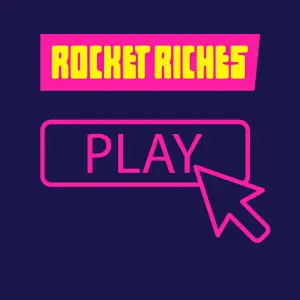 Rocket Riches Casino-ikon med en rosa «Spill»-knapp og markør, som symboliserer at du starter å spille casinospill.