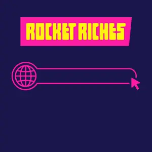 Rocket Riches Casino-ikon med en rosa adressefelt og globussymbol, som representerer å besøke nettsiden for å spille.