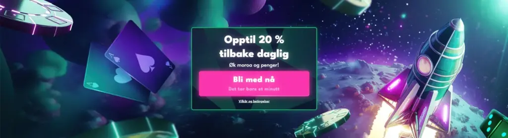 Få 20 % cashback daglig på ditt spill, øk moroa og pengene. Bli med nå og få ekstra gevinster.