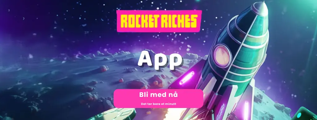 Rocket Riches-appen med et romtema i bakgrunnen og en handlingsknapp på norsk.
