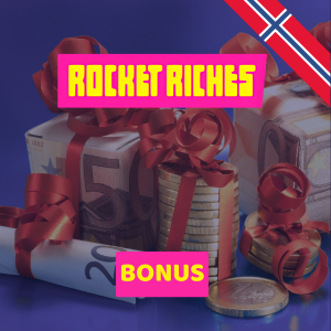 Rocket Riches bonus med pengesedler og mynter pakket inn med røde bånd
