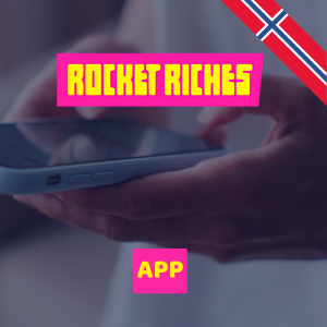 Rocket Riches-appen på mobil med norsk flagg i bakgrunnen.